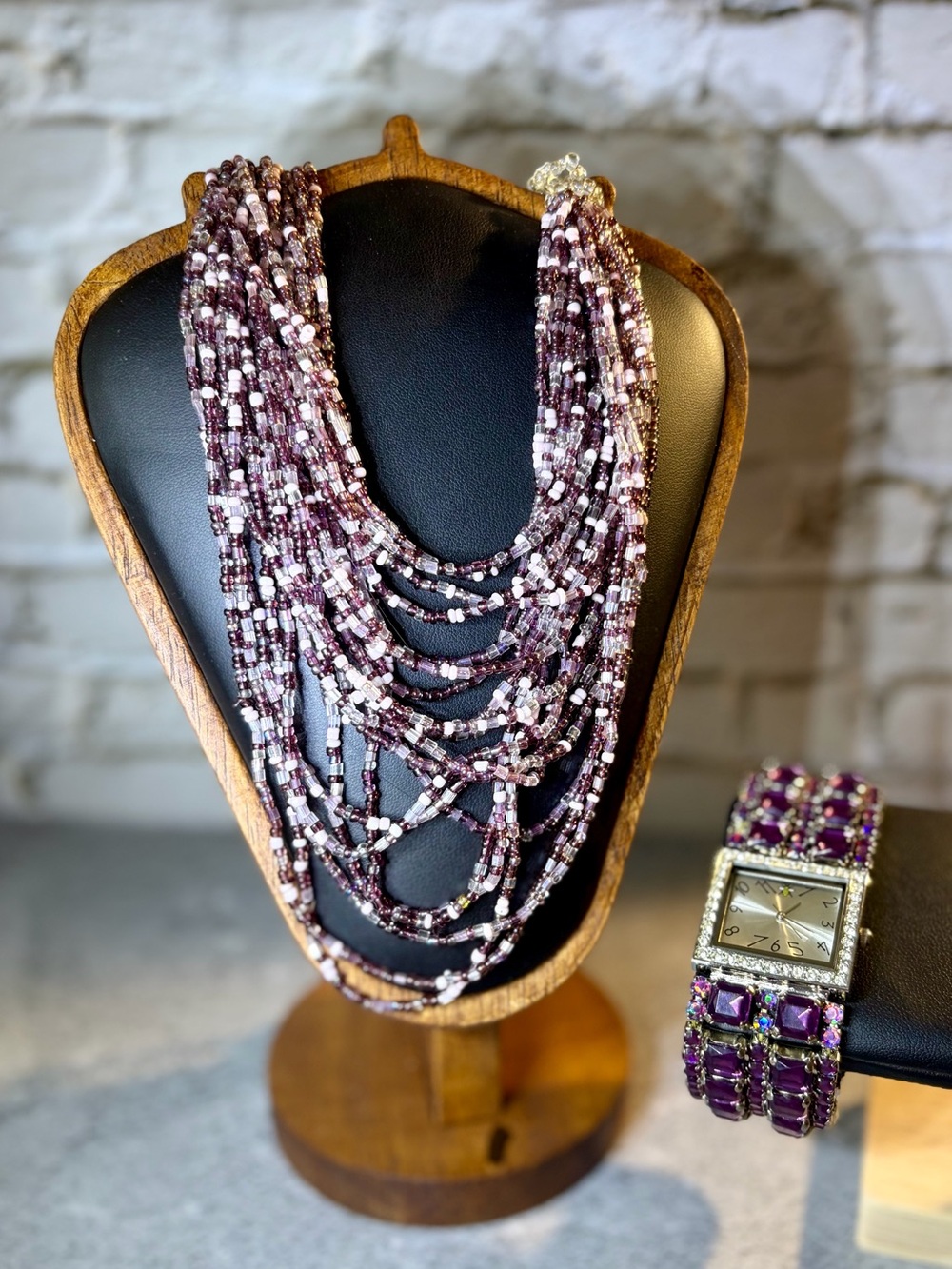 Oui Bee Art Purple Rhinestone Watch & Multi Strand Beaded Necklace Set New Batt